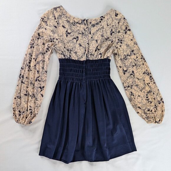 VTG Cream Blue Smocked Waist Animals Floral Novelty Print Bell Sleeve Mini Dress - Picture 3 of 7
